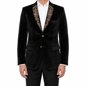 Mens 42R Black Velvet Blazer Jeweled Floral Embroidered Lapel Tuxedo Jacket